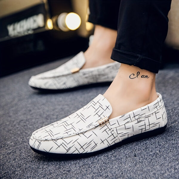 Men's Slip-On Loafers - Stylish Black & White Geometric Pattern Casual Shoes, Breathable Mesh Upper, Rubber Sole, Round Toe, Perfect for Outdoor Wear in All Seasons, Breathable Shoes | Geometric Pattern Shoes | Durable Comfort Shoes, Dressy Shoes - Image 5