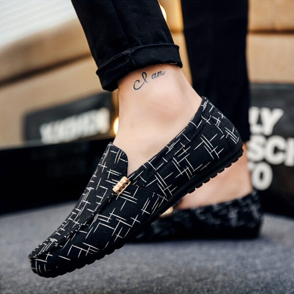 Men's Slip-On Loafers - Stylish Black & White Geometric Pattern Casual Shoes, Breathable Mesh Upper, Rubber Sole, Round Toe, Perfect for Outdoor Wear in All Seasons, Breathable Shoes | Geometric Pattern Shoes | Durable Comfort Shoes, Dressy Shoes - Image 3