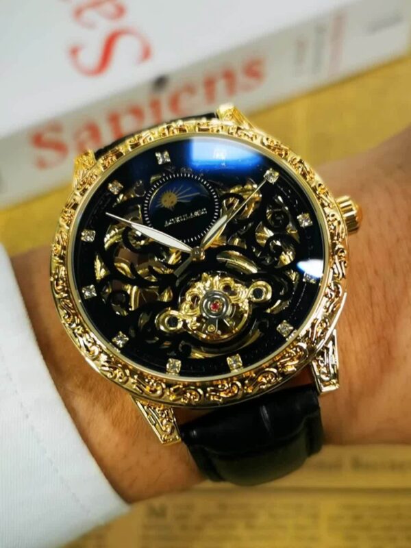 AOKULASIC 1pc Men Luxury Golden Skeleton Tourbillon Automatic Mechanical Watch for Men Luminous Hands Moon Phase Top Brand Black Faux Leather Strap Vintage Case Top Brand Business Casual Mens Watches Anniversary Christmas Valentine'S Day New Year Gifts, Without Battery - Image 8