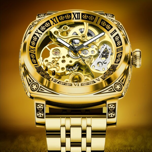 Men's Engraved Automatic Watch, Vintage Tattoo Case Hollow Waterproof Automatic Mechanical Watch With Steel Band - Image 3