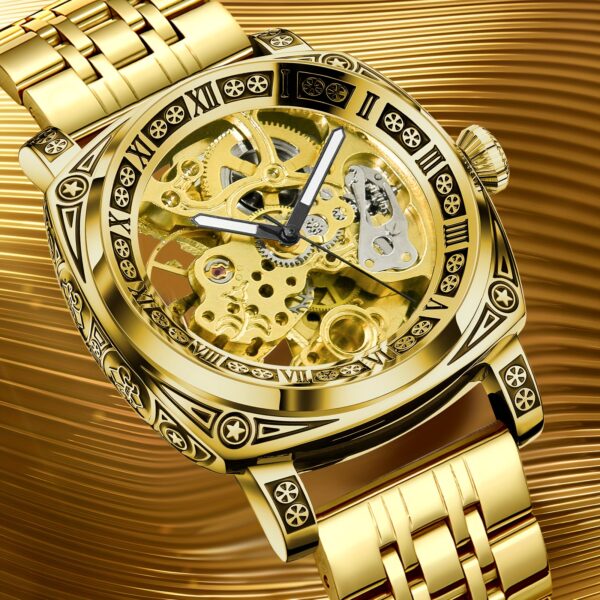 Men's Engraved Automatic Watch, Vintage Tattoo Case Hollow Waterproof Automatic Mechanical Watch With Steel Band - Image 10