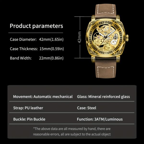 Men's Engraved Automatic Watch, Vintage Tattoo Case Hollow Waterproof Automatic Mechanical Watch With Steel Band - Image 6