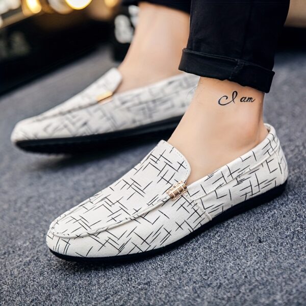 Men's Slip-On Loafers - Stylish Black & White Geometric Pattern Casual Shoes, Breathable Mesh Upper, Rubber Sole, Round Toe, Perfect for Outdoor Wear in All Seasons, Breathable Shoes | Geometric Pattern Shoes | Durable Comfort Shoes, Dressy Shoes - Image 6
