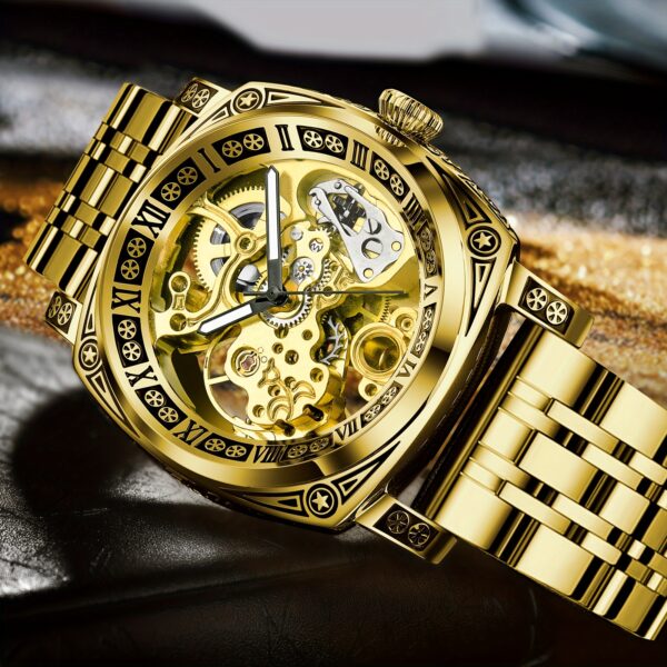 Men's Engraved Automatic Watch, Vintage Tattoo Case Hollow Waterproof Automatic Mechanical Watch With Steel Band