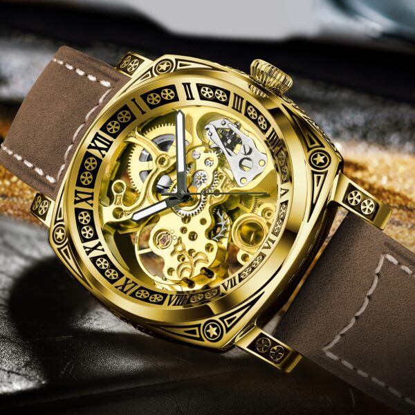 Men's Engraved Automatic Watch, Vintage Tattoo Case Hollow Waterproof Automatic Mechanical Watch With Steel Band - Image 8