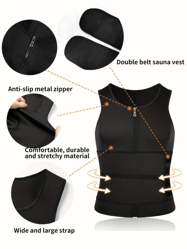 Neoprene Double Belt Vest for Men - Sweat-Inducing, Slim-Fit, Sleeveless Gym Shirt with Crew Neck and Placket - Hand Washable, Polyester Blend, Solid Color, Casual Wear for All Seasons - Image 4