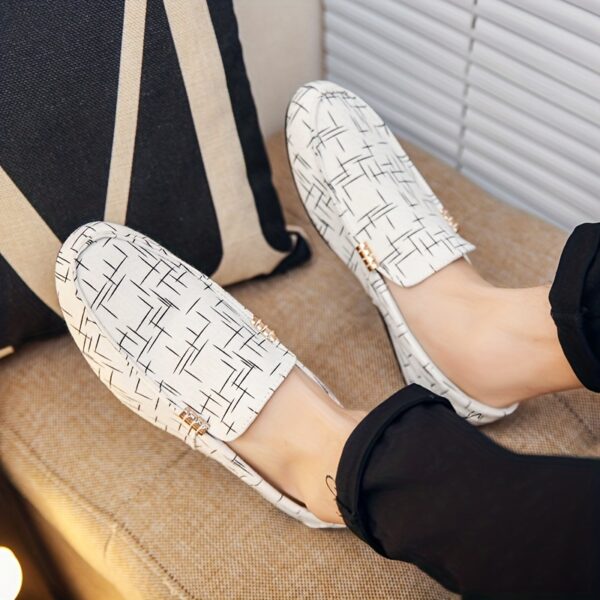 Men's Slip-On Loafers - Stylish Black & White Geometric Pattern Casual Shoes, Breathable Mesh Upper, Rubber Sole, Round Toe, Perfect for Outdoor Wear in All Seasons, Breathable Shoes | Geometric Pattern Shoes | Durable Comfort Shoes, Dressy Shoes - Image 8