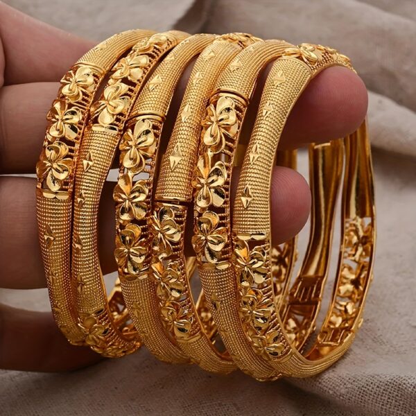 4pcs Gold-Plated Copper Bangle Set, Tribal Luxury Style, Adjustable Open Cuff Bracelets for Women, Daily & Festival Wear, Ramadan Celebration, All-Season Jewelry - Image 3