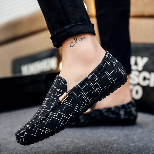 Men's Slip-On Loafers - Stylish Black & White Geometric Pattern Casual Shoes, Breathable Mesh Upper, Rubber Sole, Round Toe, Perfect for Outdoor Wear in All Seasons, Breathable Shoes | Geometric Pattern Shoes | Durable Comfort Shoes, Dressy Shoes - Image 2