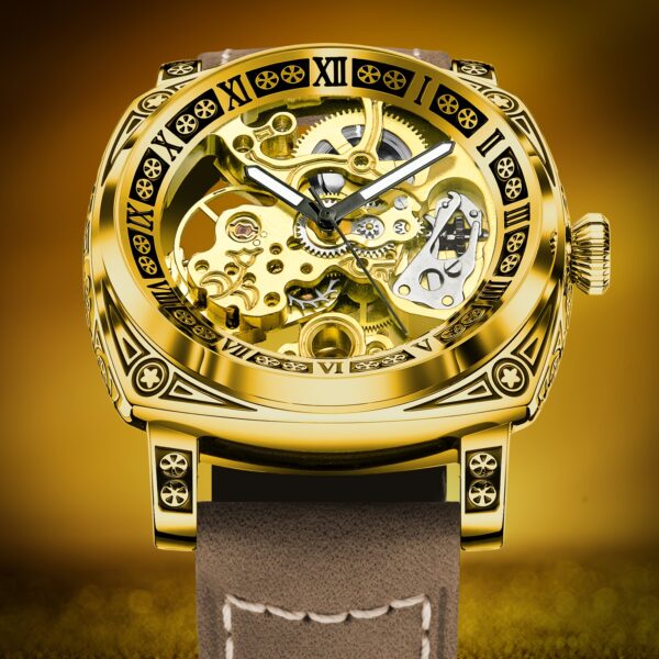 Men's Engraved Automatic Watch, Vintage Tattoo Case Hollow Waterproof Automatic Mechanical Watch With Steel Band - Image 7