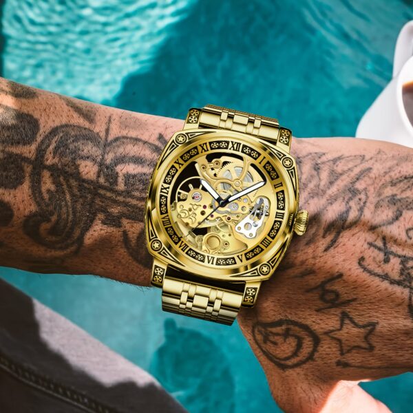 Men's Engraved Automatic Watch, Vintage Tattoo Case Hollow Waterproof Automatic Mechanical Watch With Steel Band - Image 2