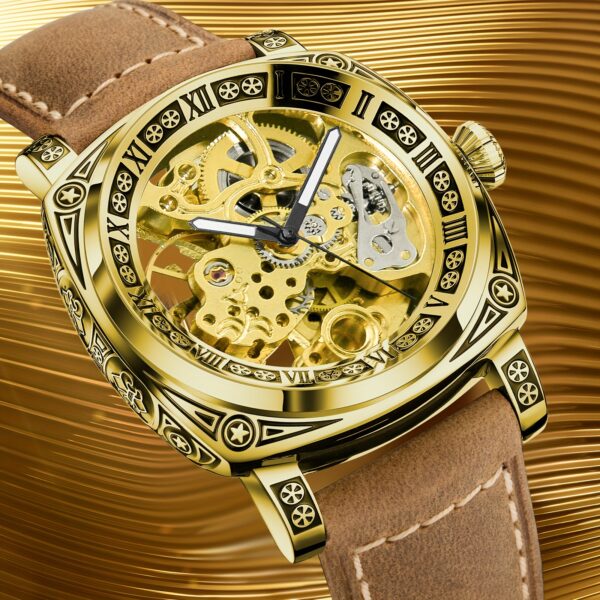 Men's Engraved Automatic Watch, Vintage Tattoo Case Hollow Waterproof Automatic Mechanical Watch With Steel Band - Image 9