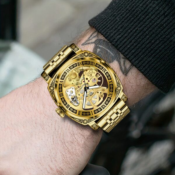 Men's Engraved Automatic Watch, Vintage Tattoo Case Hollow Waterproof Automatic Mechanical Watch With Steel Band - Image 4