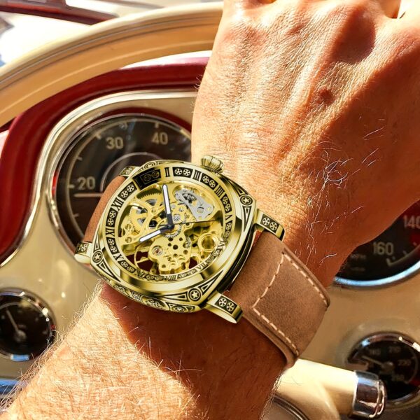 Men's Engraved Automatic Watch, Vintage Tattoo Case Hollow Waterproof Automatic Mechanical Watch With Steel Band - Image 5