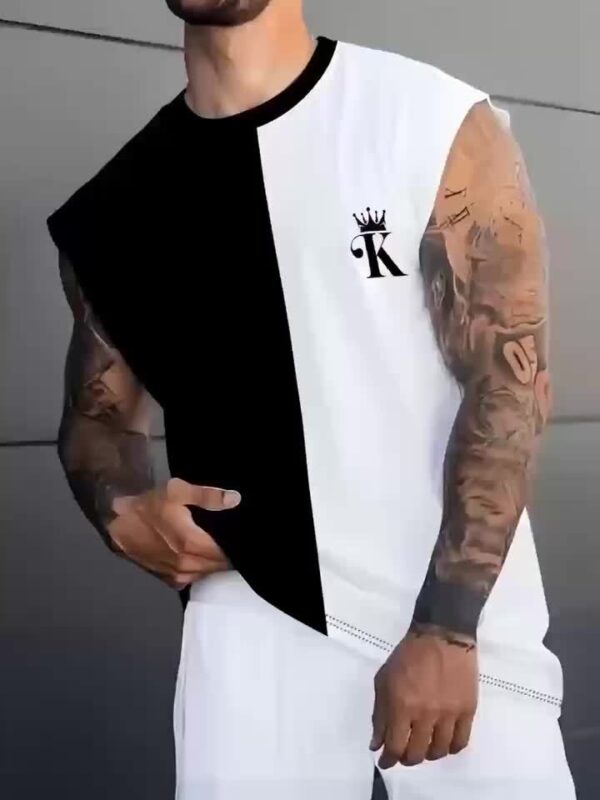 Men's Breathable 3D Color Block Sleeveless T-Shirt - Casual Summer Fitness & Basketball Sports Tee with Crown Print, Black & White Design, Lightweight Polyester-Spandex Blend, Round Neck, Machine Washable, Basketball Shirt - Image 6