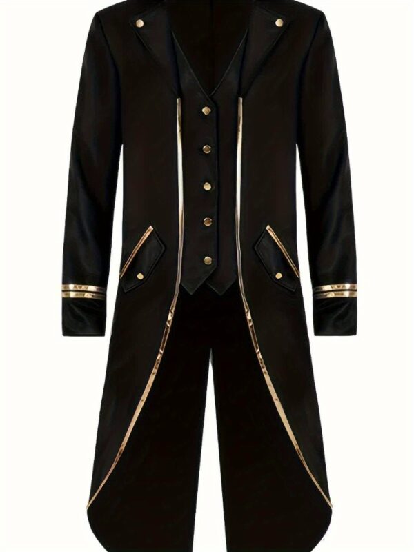 Vintage-Inspired Mid-Length Tuxedo Coat with Golden Trim - Black Retro Punk Style for Halloween, Stage Performances & Themed Events, Stage Performance Attire | Ornate Golden Detailing | Polyester Fiber Coat - Image 14