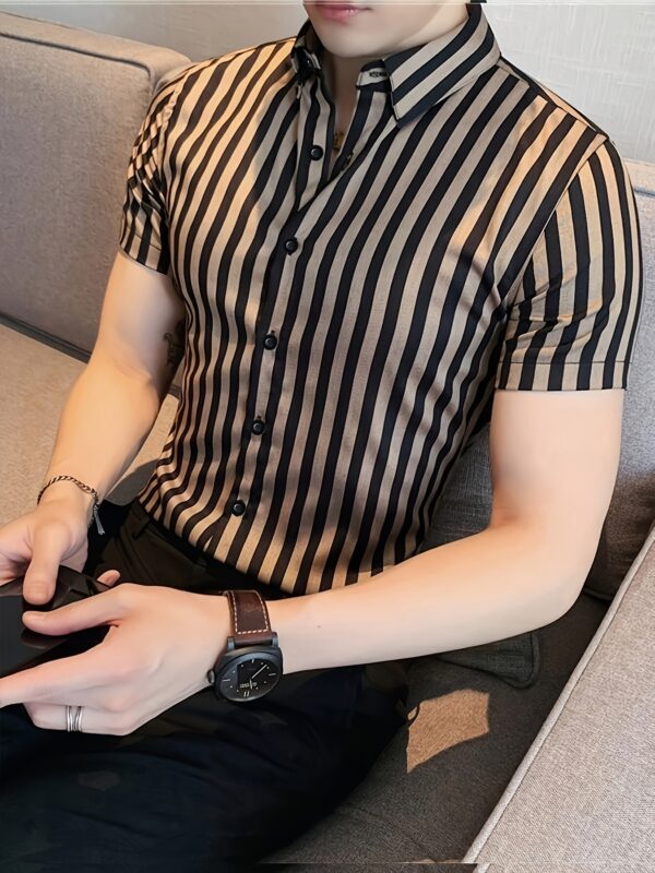 Men'S Summer Striped Business Shirt, Short Sleeve Button, Regular Fit, 95% Polyester 5% Elastane, Woven Fabric, Slight Stretch, Work Style, Lapel Collar, 119gsm - Casual Workwear