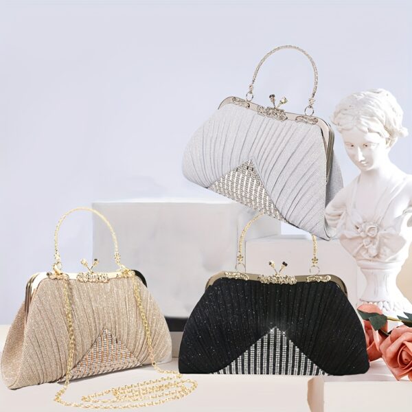 Gorgeous Rhinestone Evening Bag with Pleated Clasp Handbag, Sequined Vintage Tote Bag with Detachable Chain for Women's Dinner Party, Suitable for Parties, Dinners, Weddings - Image 3
