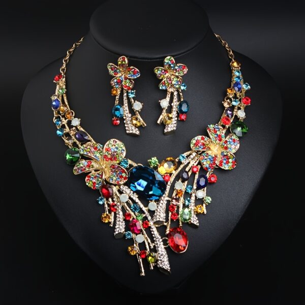 3pcs Vibrant Crystal Flower Jewelry Set - Luxurious Multicolored Necklace and Earrings, Zinc Alloy, Perfect for Bridal Parties & Celebrations, Wedding Gifts - Image 2