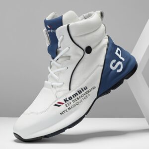 Men's High-Top Casual Sneakers - White & Blue, All-Season Comfort, Lace-Up Sneakers with Non-Slip PVC Sole, Round Toe, PU/Fabric Upper, Perfect for Casual Attire, High Top Sneakers