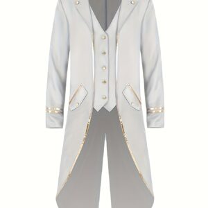 Vintage-Inspired Mid-Length Tuxedo Coat with Golden Trim - Black Retro Punk Style for Halloween, Stage Performances & Themed Events, Stage Performance Attire | Ornate Golden Detailing | Polyester Fiber Coat