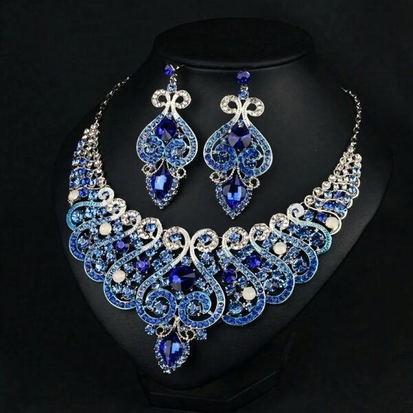 Exaggerated Necklace And Earring Set, Blue Rhinestone Collar Chain Decoration, Vintage Dress Accessories. - Image 2