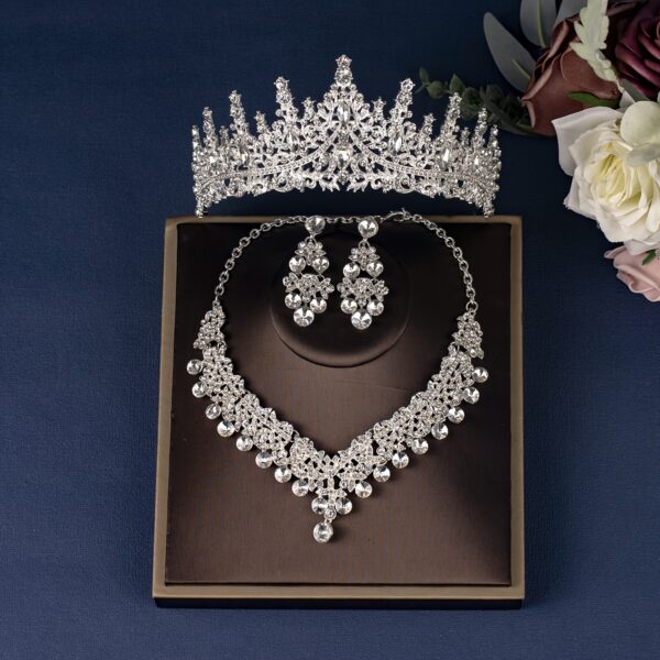 Elegant Rhinestone Crown Jewelry Set with Necklace and Earrings, Classic Zinc Alloy Bridal Tiara for Wedding, Party, Stage Performance, All-Season Accessory - Image 10
