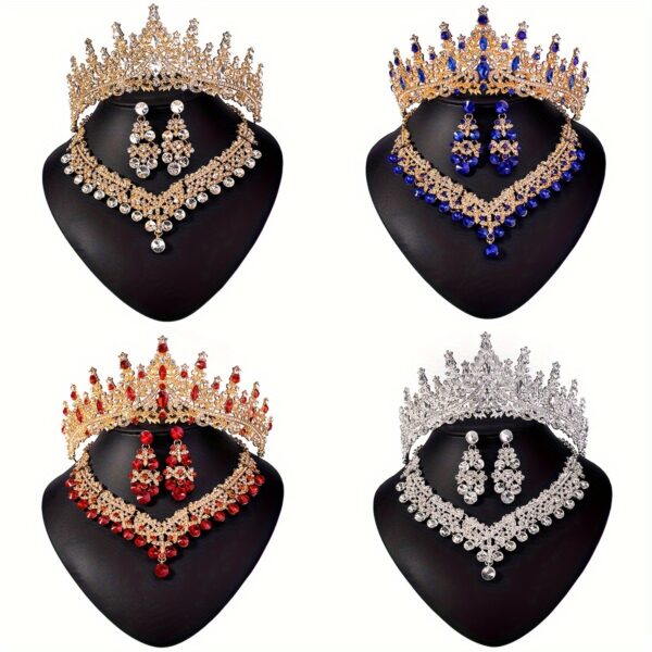 Elegant Rhinestone Crown Jewelry Set with Necklace and Earrings, Classic Zinc Alloy Bridal Tiara for Wedding, Party, Stage Performance, All-Season Accessory - Image 3
