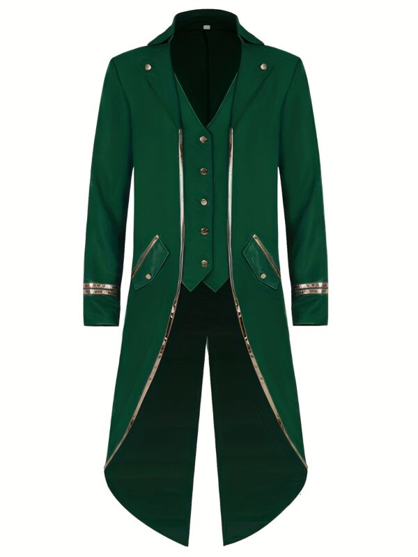Vintage-Inspired Mid-Length Tuxedo Coat with Golden Trim - Black Retro Punk Style for Halloween, Stage Performances & Themed Events, Stage Performance Attire | Ornate Golden Detailing | Polyester Fiber Coat - Image 5