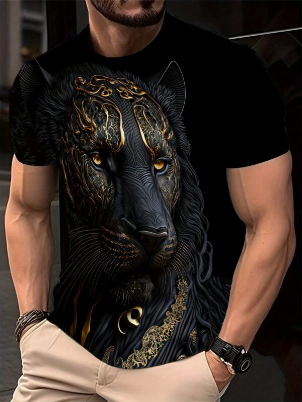 Men's 3D Leopard Print T-Shirt, Black Casual Crew Neck Short Sleeve Top with Golden Accents, Stretch Polyester Knit Fabric, Summer Sportswear, Machine Washable, Athletic Fashion | Round Neck Tee | Comfortable Fit, Leopard Print Shirt - Image 3