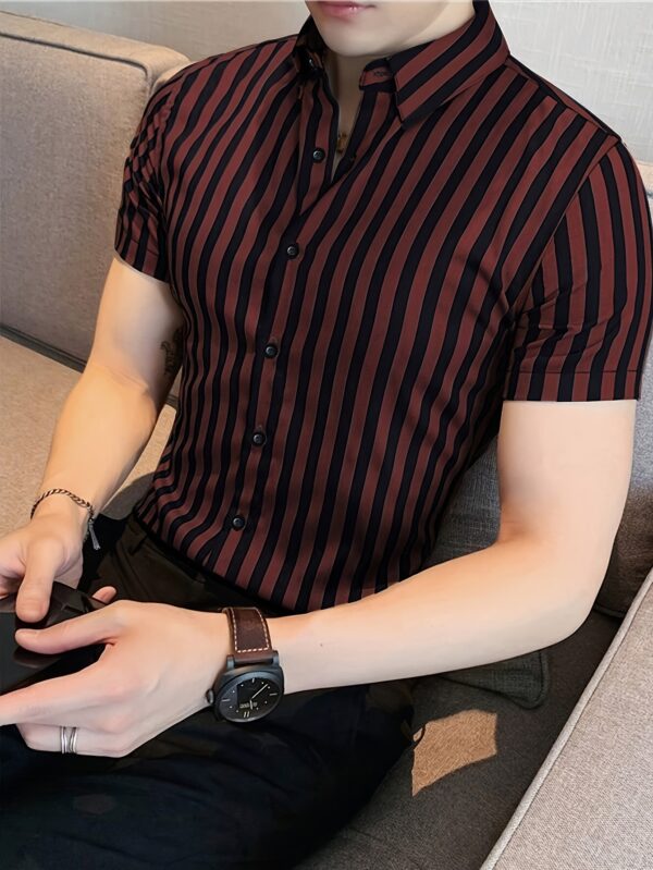 Men'S Summer Striped Business Shirt, Short Sleeve Button, Regular Fit, 95% Polyester 5% Elastane, Woven Fabric, Slight Stretch, Work Style, Lapel Collar, 119gsm - Casual Workwear - Image 2