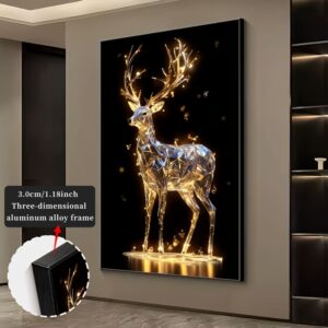 1pc Framed Metal Deer Wall Art - HD Printed, Glowing Golden Stag with Sparkling Stars, Elegant Canvas Decor for Living Room, Bedroom, Office & Kitchen - Ideal Gift, Deer Home Decor