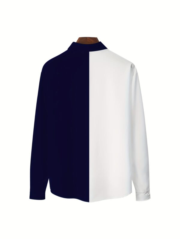 2025 New Men's Navy Blue & White Geometric Print Casual Shirt - Two-Tone Streetwear Long Sleeve Button-Up with Lapel Collar, Machine Washable for Vacation, Outdoor & Daily Wear - Image 2