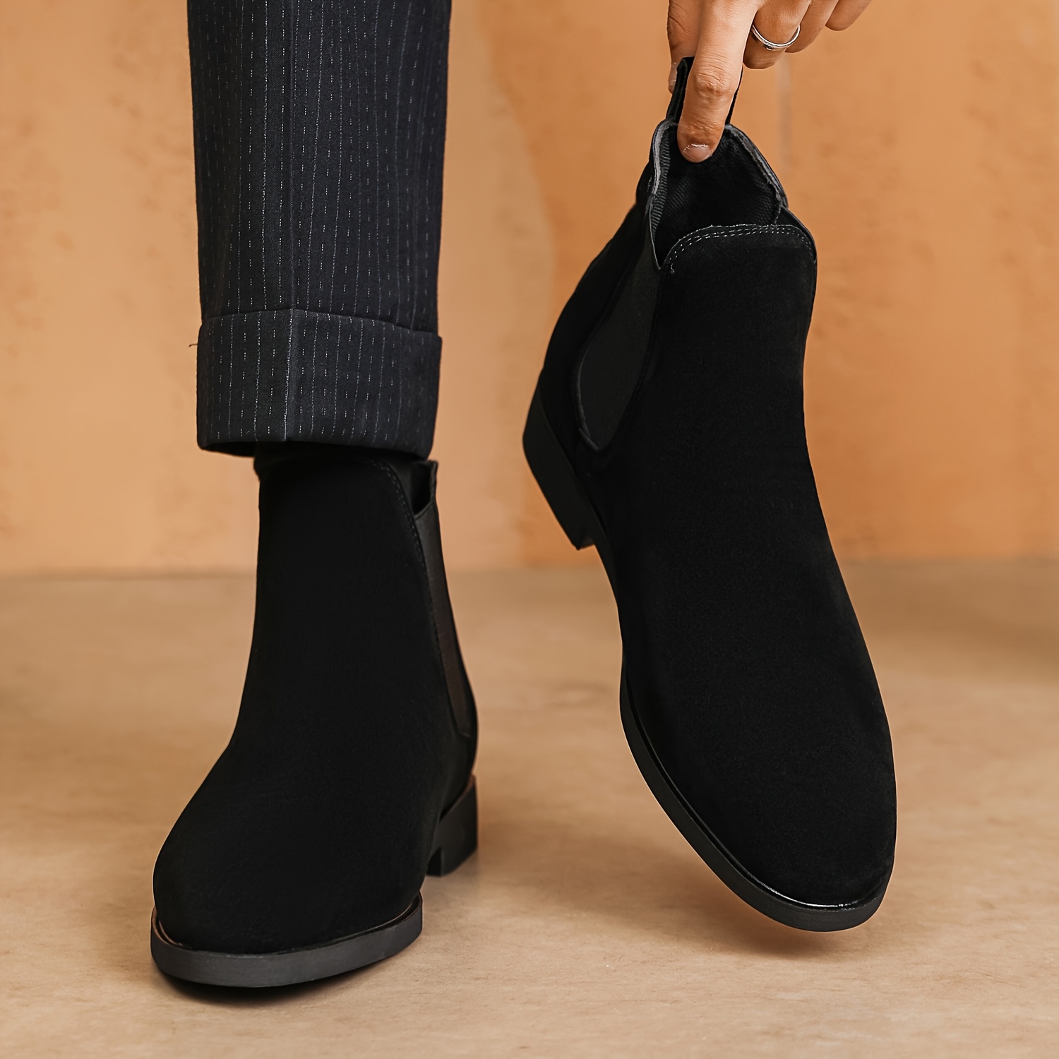Men’S Classic Square Toe Chelsea Boots – All-Season Faux Ankle Dress Boots with Elastic Slip-On Closure, Solid Color, Rubber Sole, Fabric Lining for Daily & Business Wear