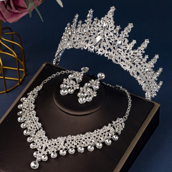Elegant Rhinestone Crown Jewelry Set with Necklace and Earrings, Classic Zinc Alloy Bridal Tiara for Wedding, Party, Stage Performance, All-Season Accessory - Image 12
