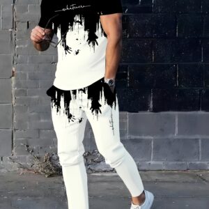 Men'S Casual 3D Digital Print Long Pants and Short Sleeve Set, Crew Neck, Regular Fit, Knit Fabric, Polyester 90%, Spandex 10%, 105g/m², for Spring/Summer/Fall - Weekend Casual Lash Sets