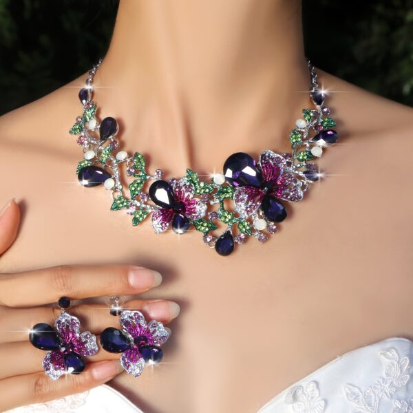 A Luxurious And Sparkling Floral Colored Necklace And Earring Set, Perfect for Brides, Wedding Jewelry, And Party Accessories with a Bling Effect. - Image 3