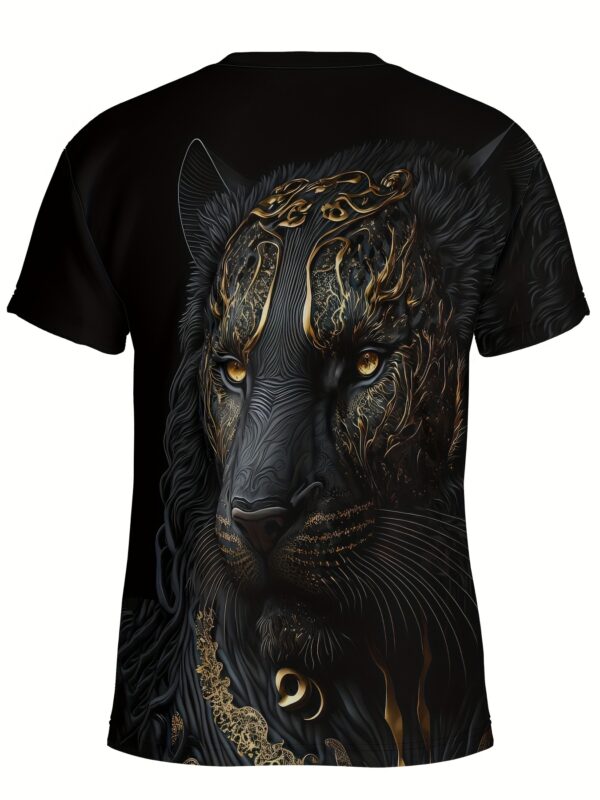 Men's 3D Leopard Print T-Shirt, Black Casual Crew Neck Short Sleeve Top with Golden Accents, Stretch Polyester Knit Fabric, Summer Sportswear, Machine Washable, Athletic Fashion | Round Neck Tee | Comfortable Fit, Leopard Print Shirt - Image 4