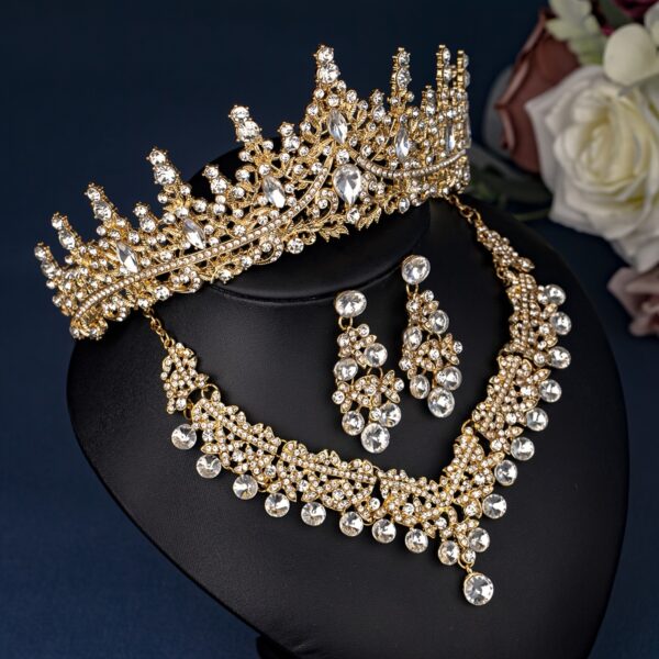 Elegant Rhinestone Crown Jewelry Set with Necklace and Earrings, Classic Zinc Alloy Bridal Tiara for Wedding, Party, Stage Performance, All-Season Accessory - Image 9