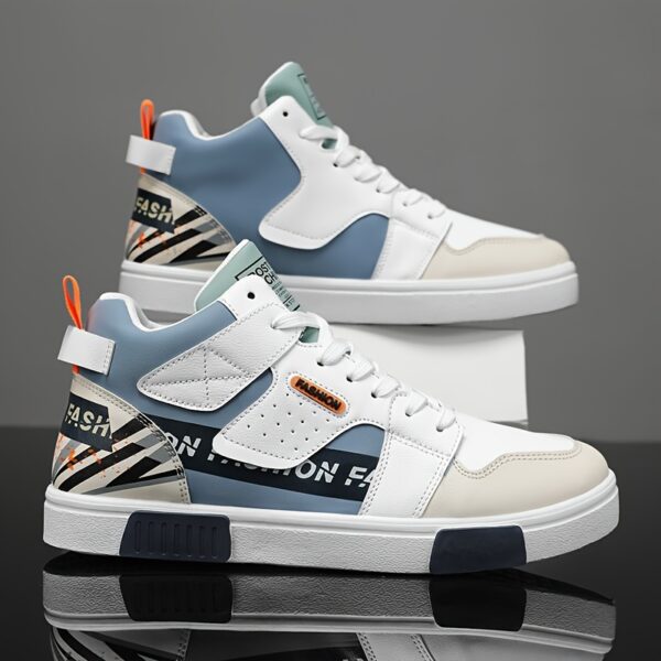 1 Pair Men'S High-Top Chunky Sneakers, Preppy Style Casual Sports Shoes with Faux, Fabric Lining, PVC Sole, Round Toe, Lace-Up - Solid & Striped Patterns, Cartoon Design for Outdoor Activities, All-Season Comfort - Image 3