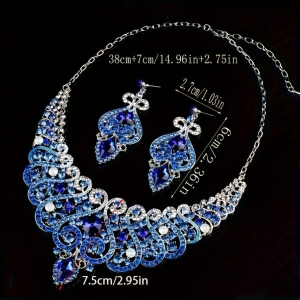 Exaggerated Necklace And Earring Set, Blue Rhinestone Collar Chain Decoration, Vintage Dress Accessories. - Image 3