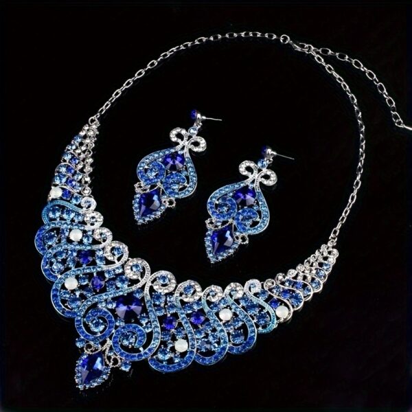 Exaggerated Necklace And Earring Set, Blue Rhinestone Collar Chain Decoration, Vintage Dress Accessories. - Image 5