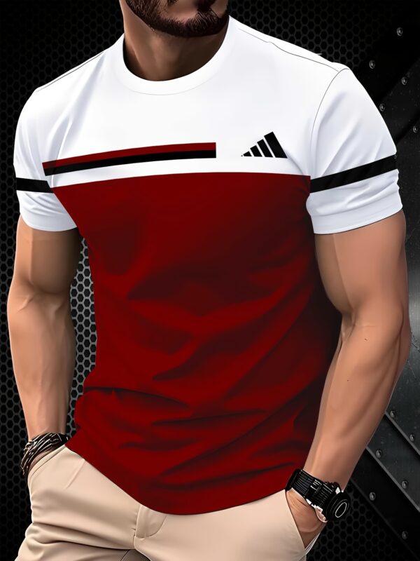 Men'S Casual 3D Print T-Shirt - Red & White Striped, Short Sleeve, Round Neck, Lightweight & Stretchy, Summer Sportswear, Sporty Casual Wear | Graphic Tee | Comfortable Fit, PLUS SIZE - Image 2