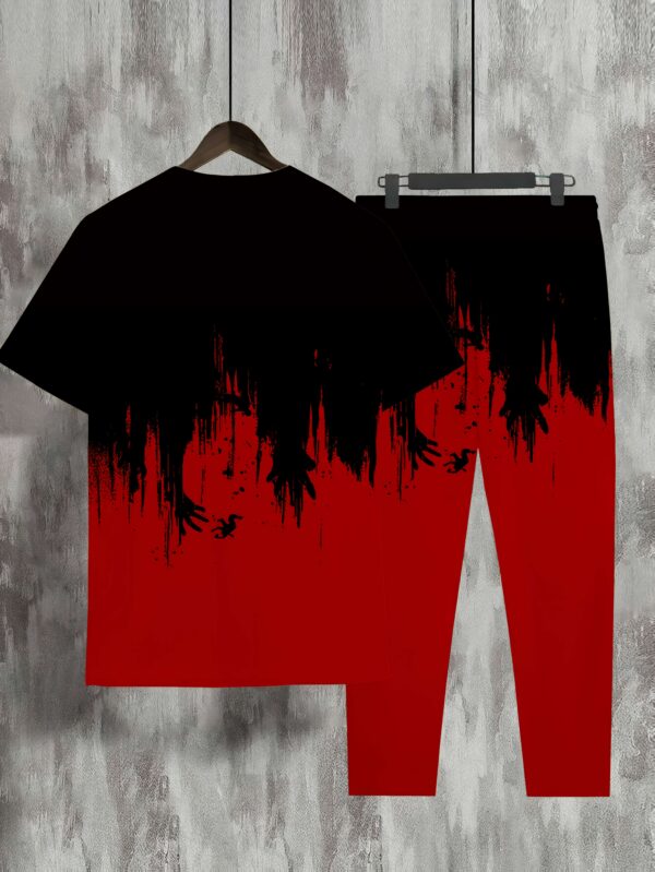 Men'S Casual 3D Digital Print Long Pants and Short Sleeve Set, Crew Neck, Regular Fit, Knit Fabric, Polyester 90%, Spandex 10%, 105g/m², for Spring/Summer/Fall - Weekend Casual Lash Sets - Image 6