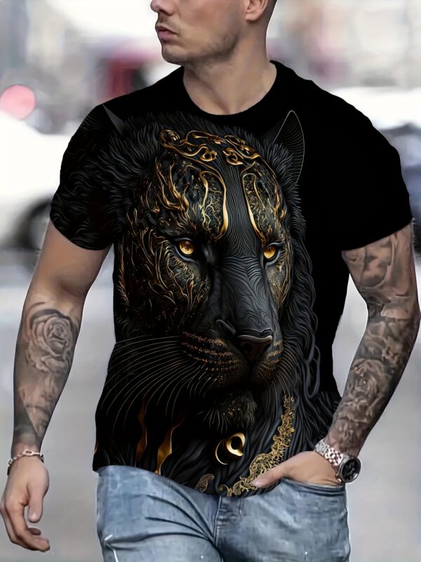 Men's 3D Leopard Print T-Shirt, Black Casual Crew Neck Short Sleeve Top with Golden Accents, Stretch Polyester Knit Fabric, Summer Sportswear, Machine Washable, Athletic Fashion | Round Neck Tee | Comfortable Fit, Leopard Print Shirt - Image 2