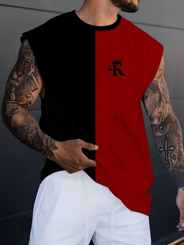 Men's Breathable 3D Color Block Sleeveless T-Shirt - Casual Summer Fitness & Basketball Sports Tee with Crown Print, Black & White Design, Lightweight Polyester-Spandex Blend, Round Neck, Machine Washable, Basketball Shirt - Image 3