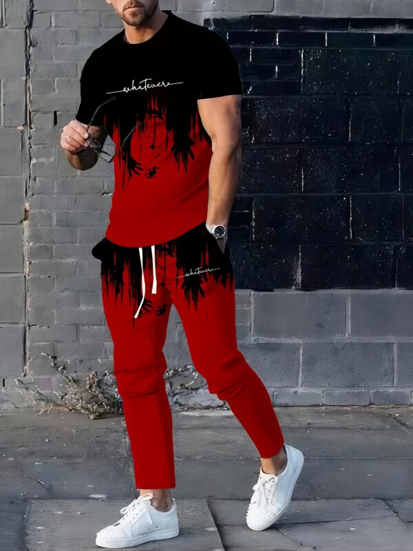 Men'S Casual 3D Digital Print Long Pants and Short Sleeve Set, Crew Neck, Regular Fit, Knit Fabric, Polyester 90%, Spandex 10%, 105g/m², for Spring/Summer/Fall - Weekend Casual Lash Sets - Image 3
