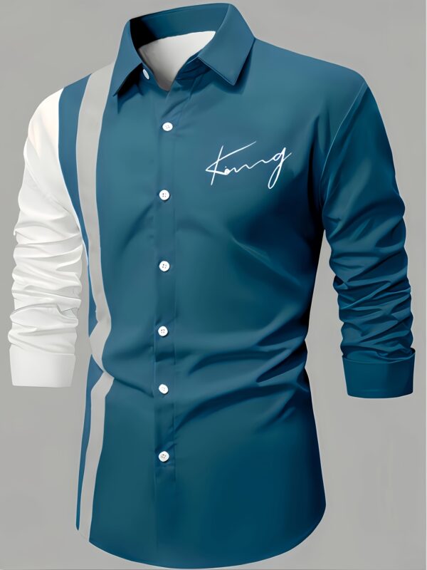 Men's Stylish Blue and White Color Block Long Sleeve Button-Up Shirt - Casual Polyester Blend with "KING" Cursive Print, Form-Fitting Design for Casual Attire
