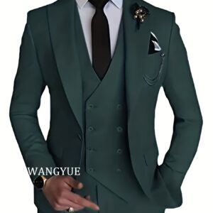 WANGYUE Men'S 3pcs Suit Set - Slim Fit Viscose 80%, Polyester 20% Business Formal Wedding Dance Party Suit with Vest and Pants, Solid Color, Non-Stretch Fabric, Regular Fit, Peak Lapels, All Seasons