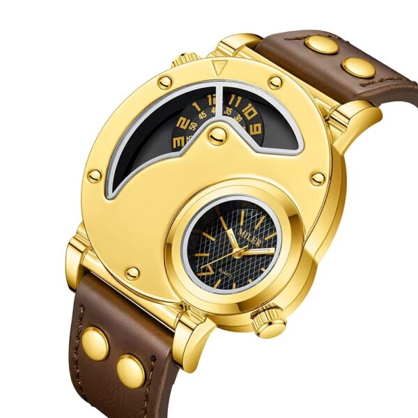 Elegant Men's Quartz Watch with Dual Time Display - Golden-Tone, Faux Leather Strap, Business Style - Image 11